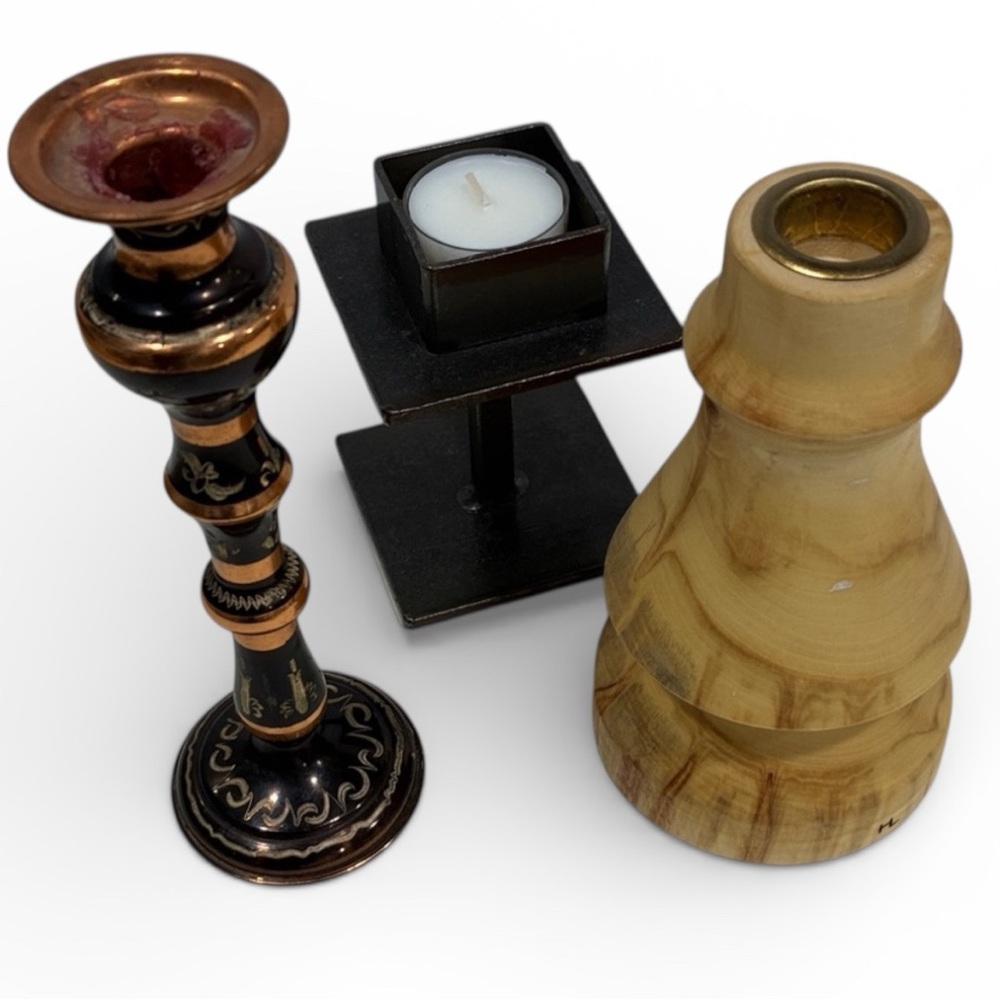 Black/Gold/Wood SET/3 Holders 1 Wood Candle Holder W/ Metal Insert & 2 Metal